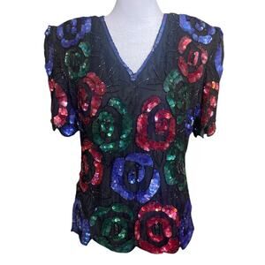 Stenay Vintage 100% Silk Beaded Evening Blouse Size Medium